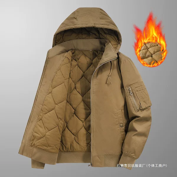 Cross-border 2026 style workwear cotton jacket for men, winter multi-pocket vintage cotton coat, fleece-lined, thickened, hooded casual jacket