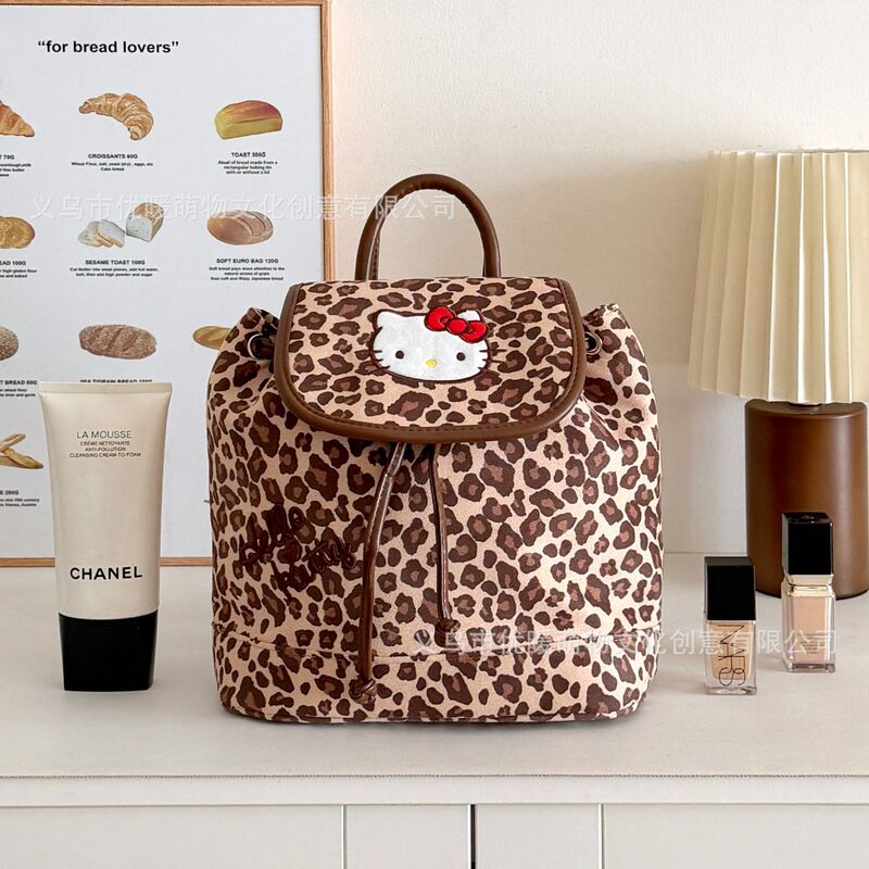 Authentic Hello Kitty backpack, retro leopard print, mini Hello Kitty backpack for women, sweet and cool style, flap-over design