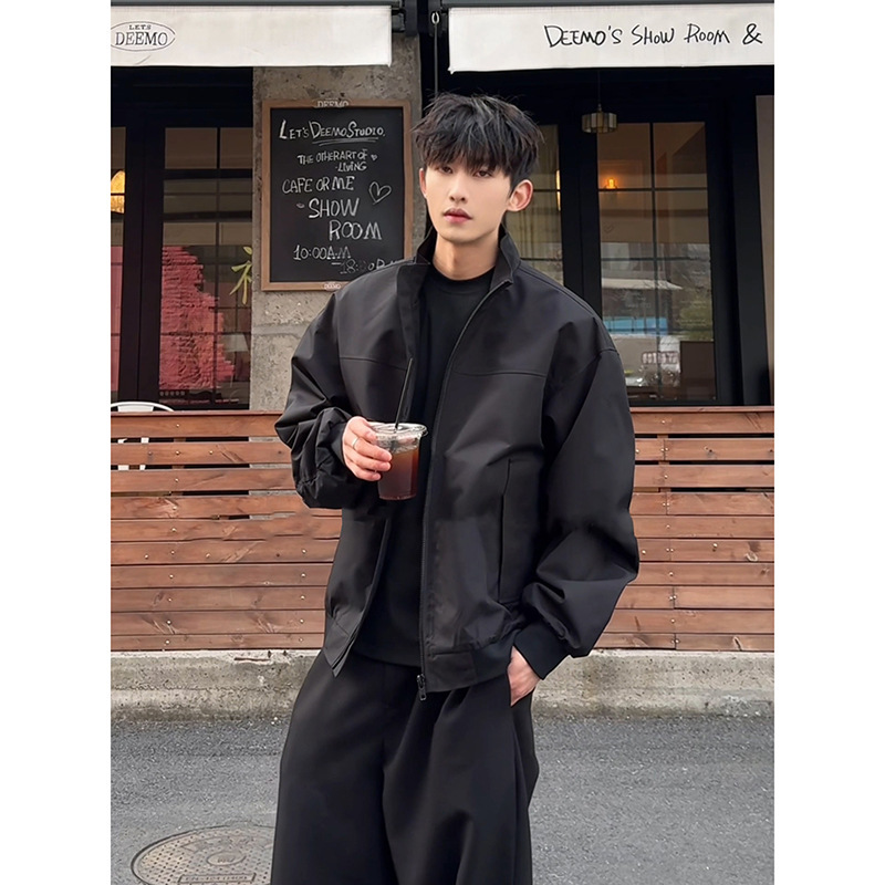 Black American Instructor Bomber Jacket Men's Sense of Yuppies Handsome Tough Guys Jacket Profile Three-Proof Collar Baseball Suit