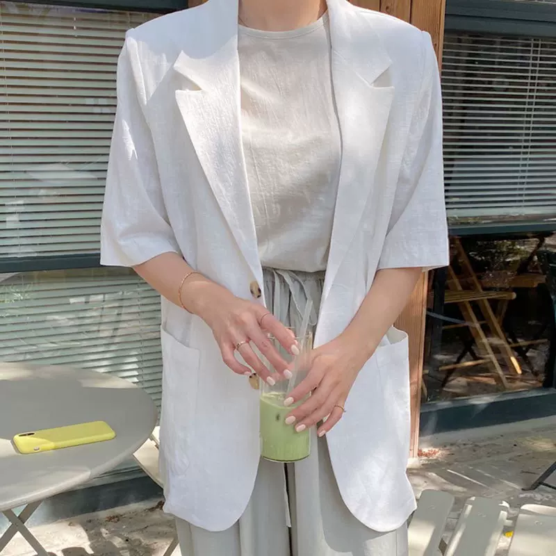 韩国chic夏季法式复古翻领两粒扣大口袋宽松休闲短袖西装外套女薄