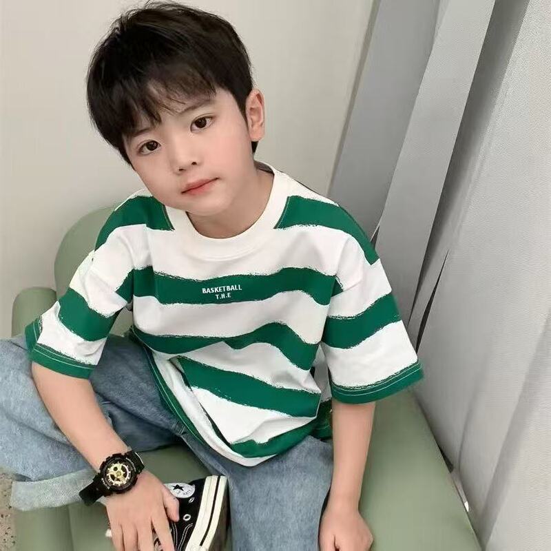 Children's T-Shirt Boys Summer Short-Sleeved Pure Cotton Korean Style Kidsren's Clothing Stripesd Half-Sleeved Shirt New Versatile Baby Bottoming t