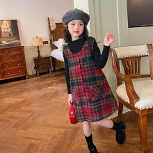 裙子女童毛呢红色格子无袖背心裙秋冬2025新款儿童连衣裙中大