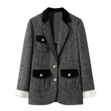 现货2025秋季新款宽松摩登毛呢千金风撞色西装外套女LF25Q41SC185