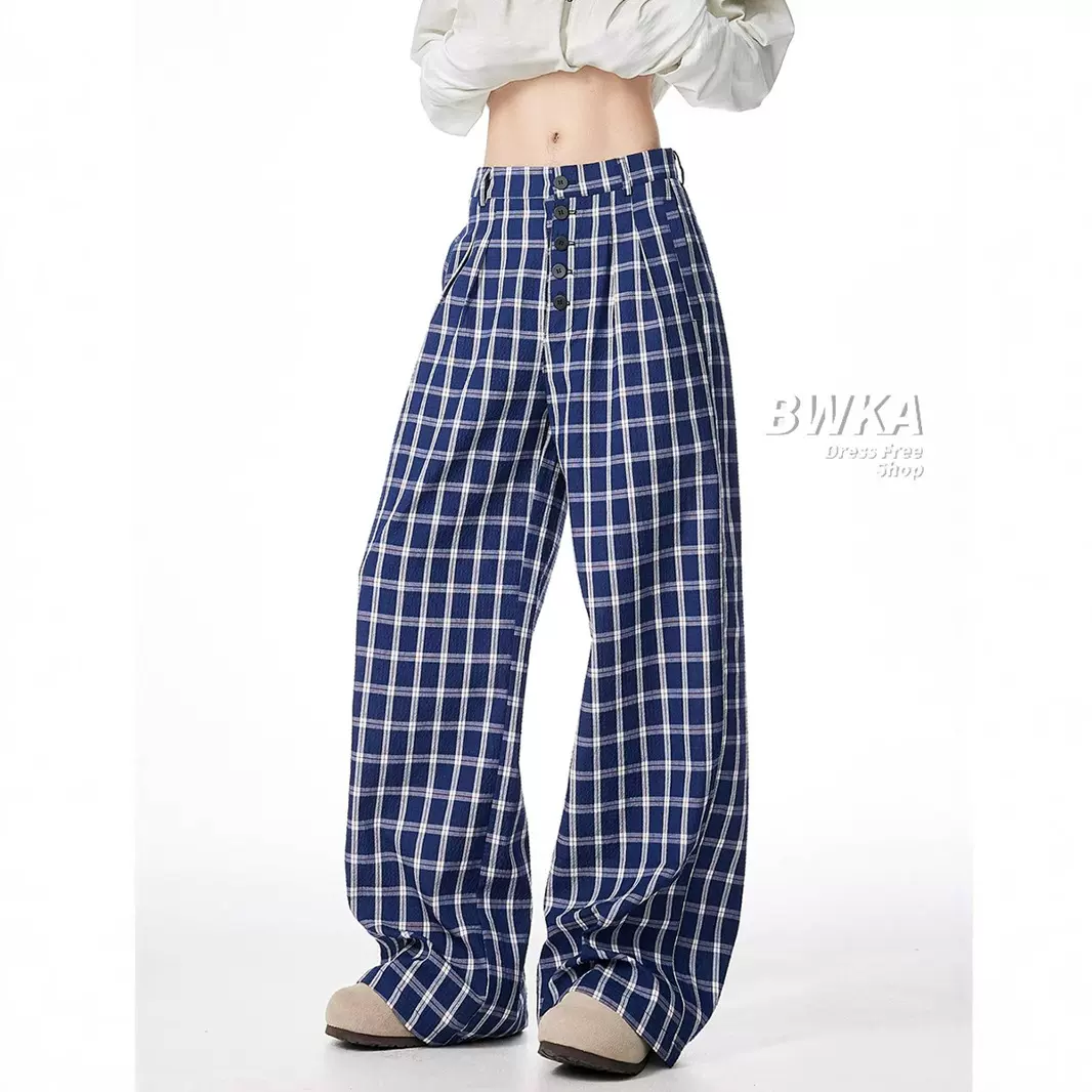 抖音质量赵露思同款格子西装裤女夏季排扣设计直筒阔腿裤拖地长裤
