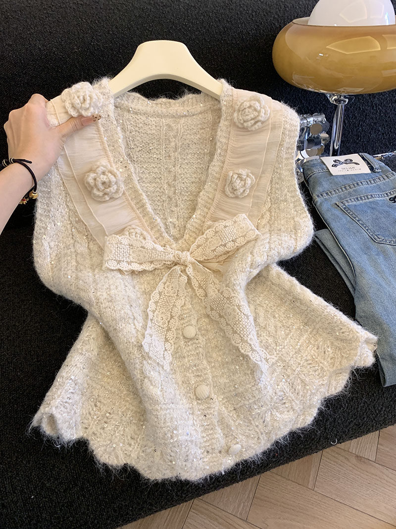 Spring lace three dimensional knitted vest with bow sleevless