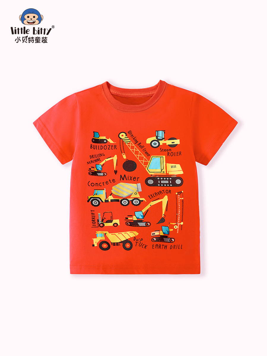 Cross-Border Children's Clothing Short-Sleeved T-Shirt with Cartoon Excavator Print Pattern for Spring and Summer, European and American Style Tops, Wholesale in Stock