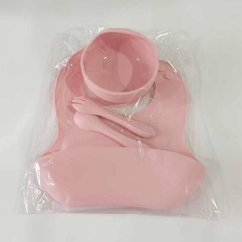 Baby Silicone Tableware Four-piece Set with Fork and Spoon Children's Supplementary Food Dinner Plate Children's Drop-resistant Silicone Bib Bowl with Suction Cup