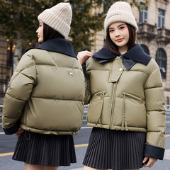 2025年欧货针织翻领短款羽绒棉服女冬季加厚PU皮拼接棉衣棉袄外套