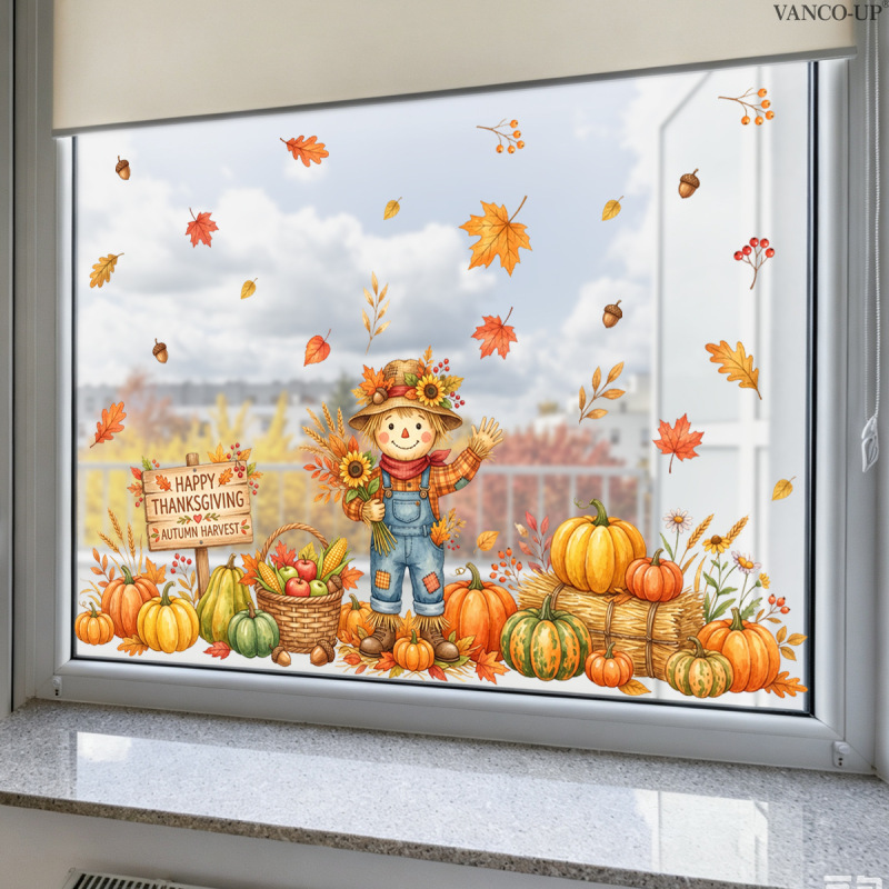 Multiple Types of Autumn-Themed Pumpkin Harvest Window Stickers for Glass Doors and Windows, Static Cling Glass Decals with Double-Sided Visibility