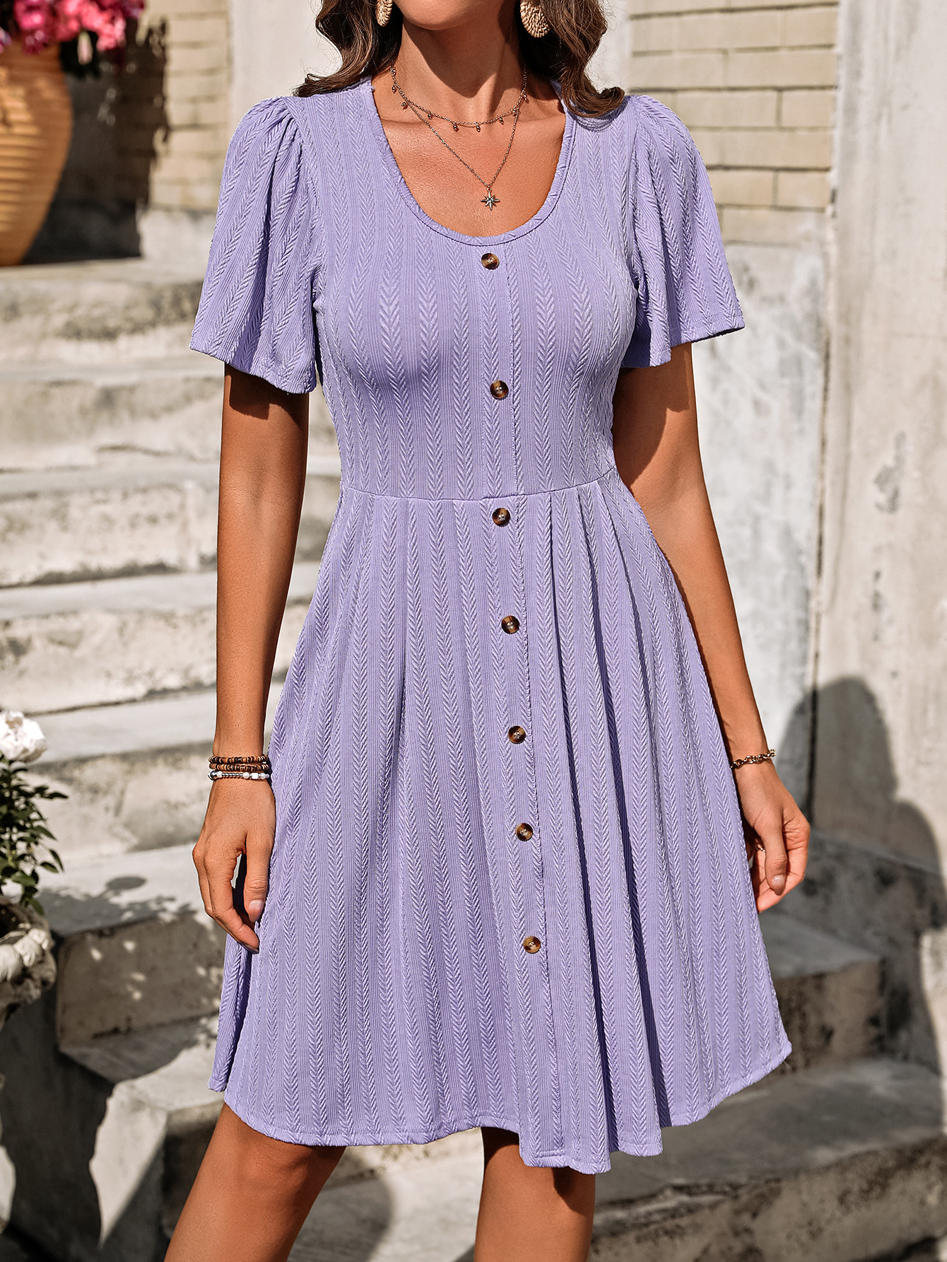 Women's Regular Dress Simple Style U Neck Button Short Sleeve Solid Color Midi Dress Holiday Daily display picture 28
