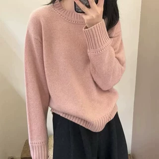 重磅加厚100羊毛衫女圆领宽松软糯落肩袖慵懒风外穿羊绒打底毛衣