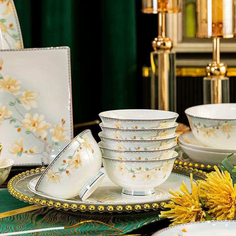 陶瓷碗碟勺自由组合家用批发景德镇新中式花卉骨瓷大碗小碗汤面碗