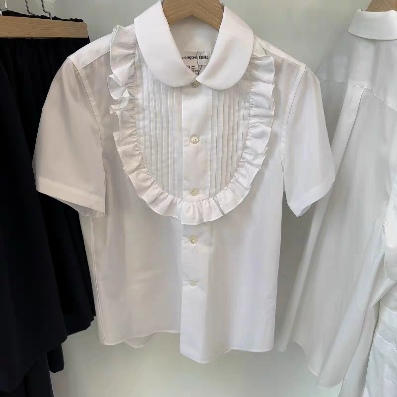 CDG KZYU 25春夏新款荷叶边细褶棉质娃娃领衬衫开衫短袖上衣女款|undefined