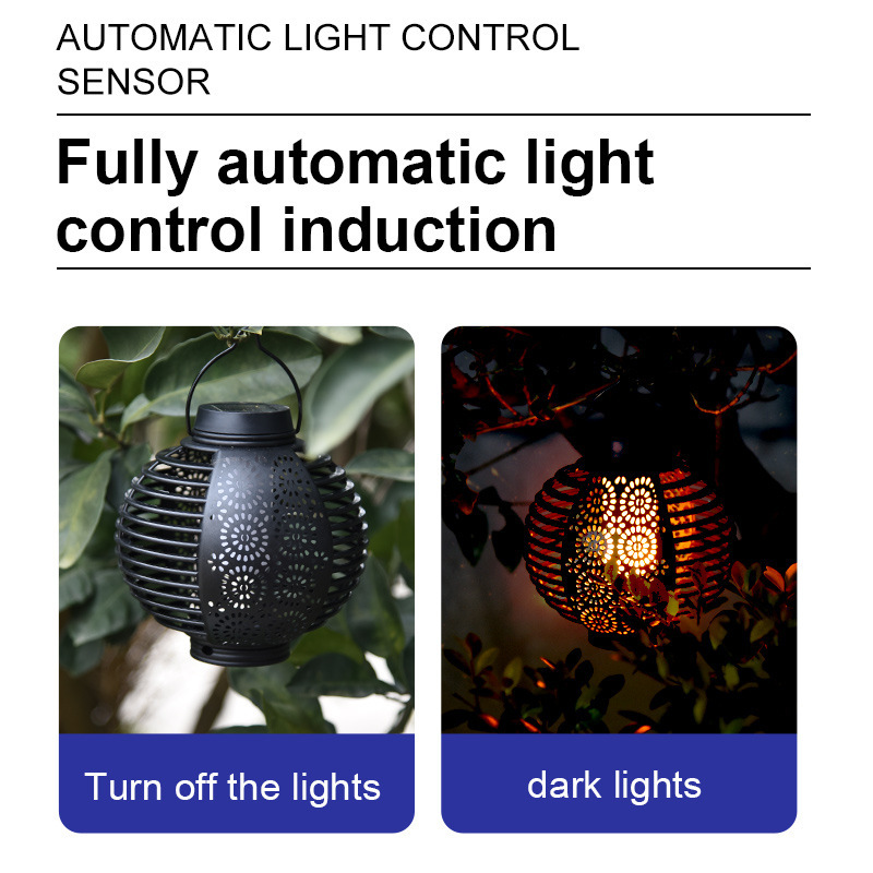 Transfronteriza nueva lámpara de linterna de llama solar al aire libre de ratán redondo linterna patio colgante atmósfera araña