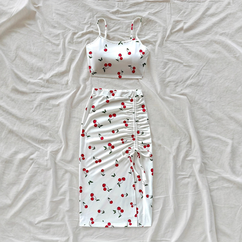Cross-Border Spot New Summer Cherry Print Hot Girl Suspender Long Skirt Suit