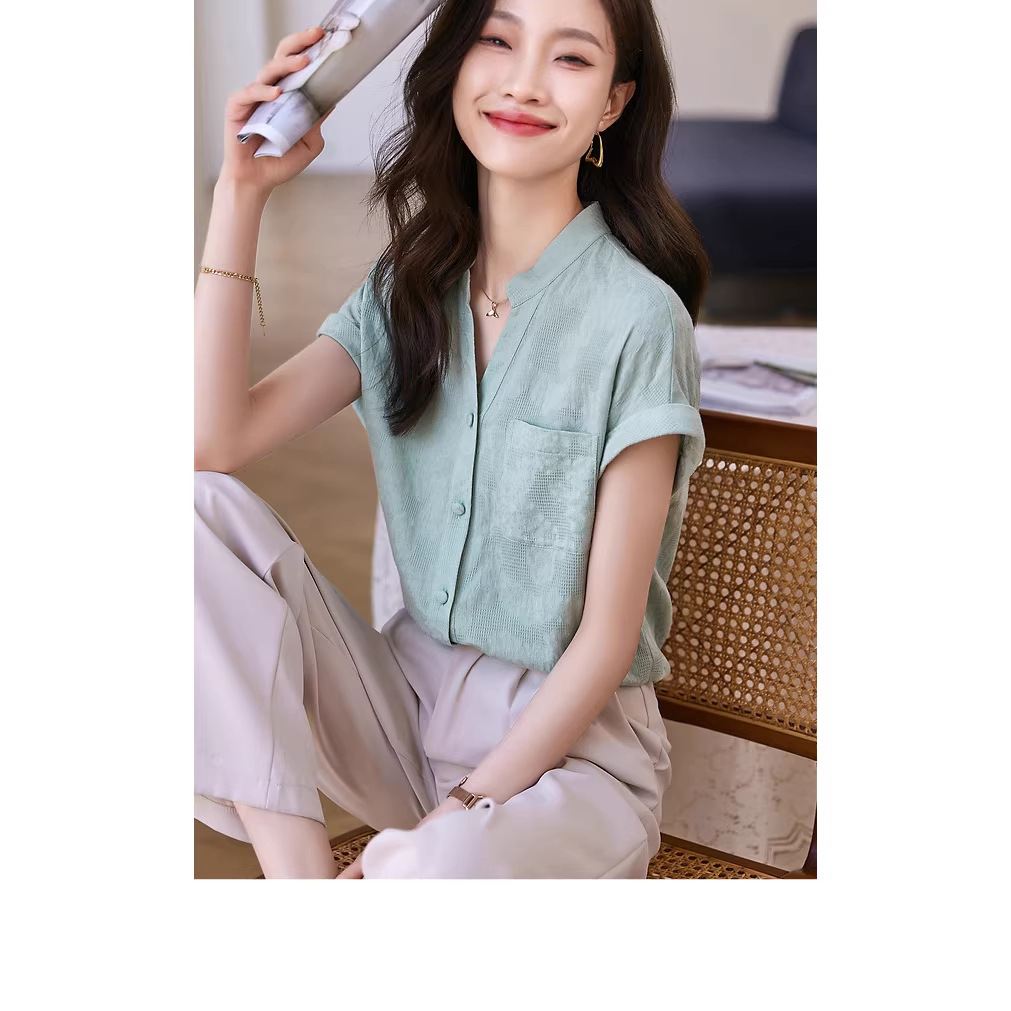 Áo sơ mi nữ liền vai chất liệu cotton linen phong cách Hàn Quốc — xanh lá cây chi tiết 3