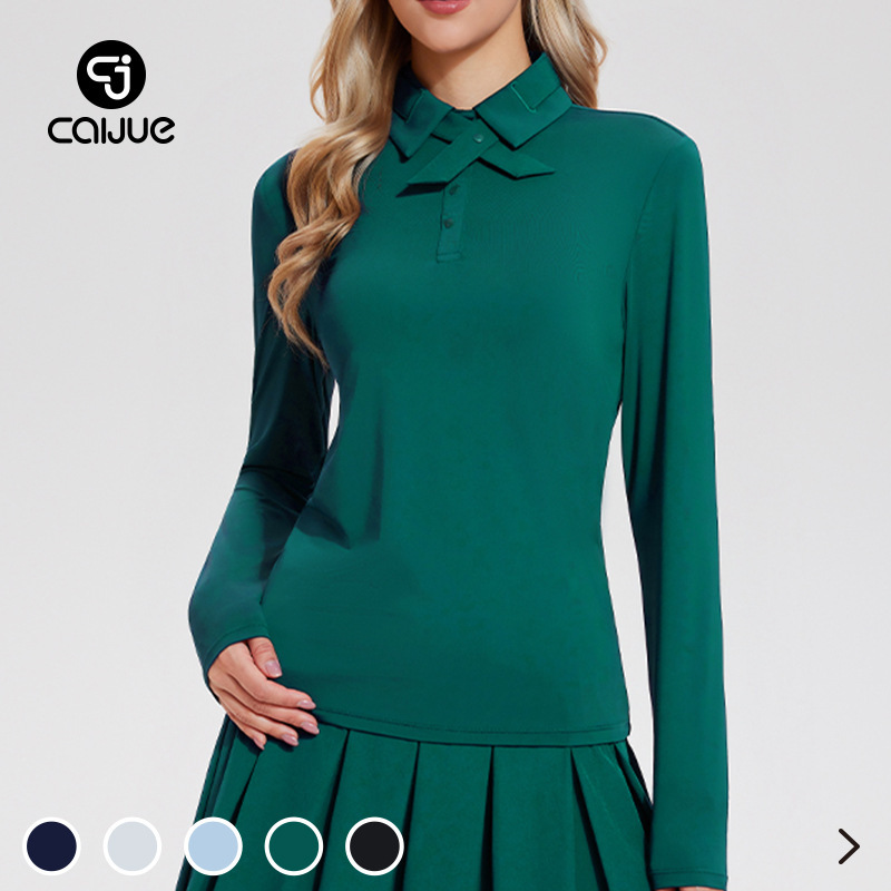 Caijue Golf Polo Shirt for Women, Summer Long Sleeve with Bow Collar, Slim Fit, High Elasticity, Tennis Sportswear Top Caijue Golf Polo Shirt for Women, Summer Long Sleeve with Bow Collar, Slim Fit, High Elasticity, Tennis Sportswear Top