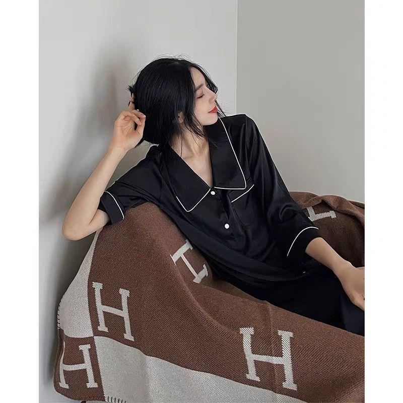 2023 pijamas de las mujeres del verano camisa cuello corto camisón de seda artificial casual simple de las mujeres 3/4 manga desgaste del hogar falda de seda de hielo