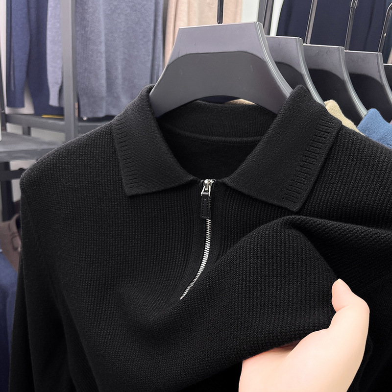 ハーフジップラペルセーターメンズ 2025 冬韓国風ジャカードカジュアルセーター中年ボトリングシャツ紳士服|undefined