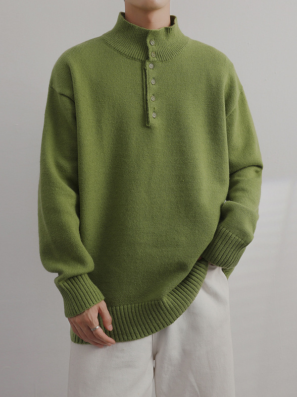Cleanfit Korean-Style Minimalist High-Neck Sweater, Hong Kong Fashion Men's Lazy Style Knitted Button-Up Sweater, New Autumn and Winter Model