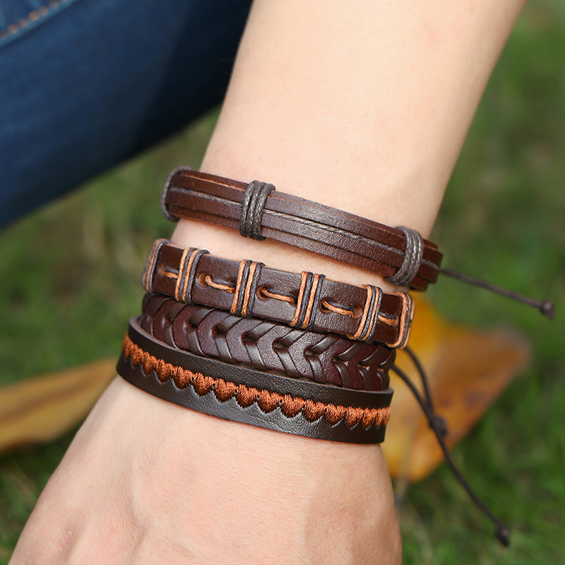 retro cowhide woven bracelet combination 12-piece set