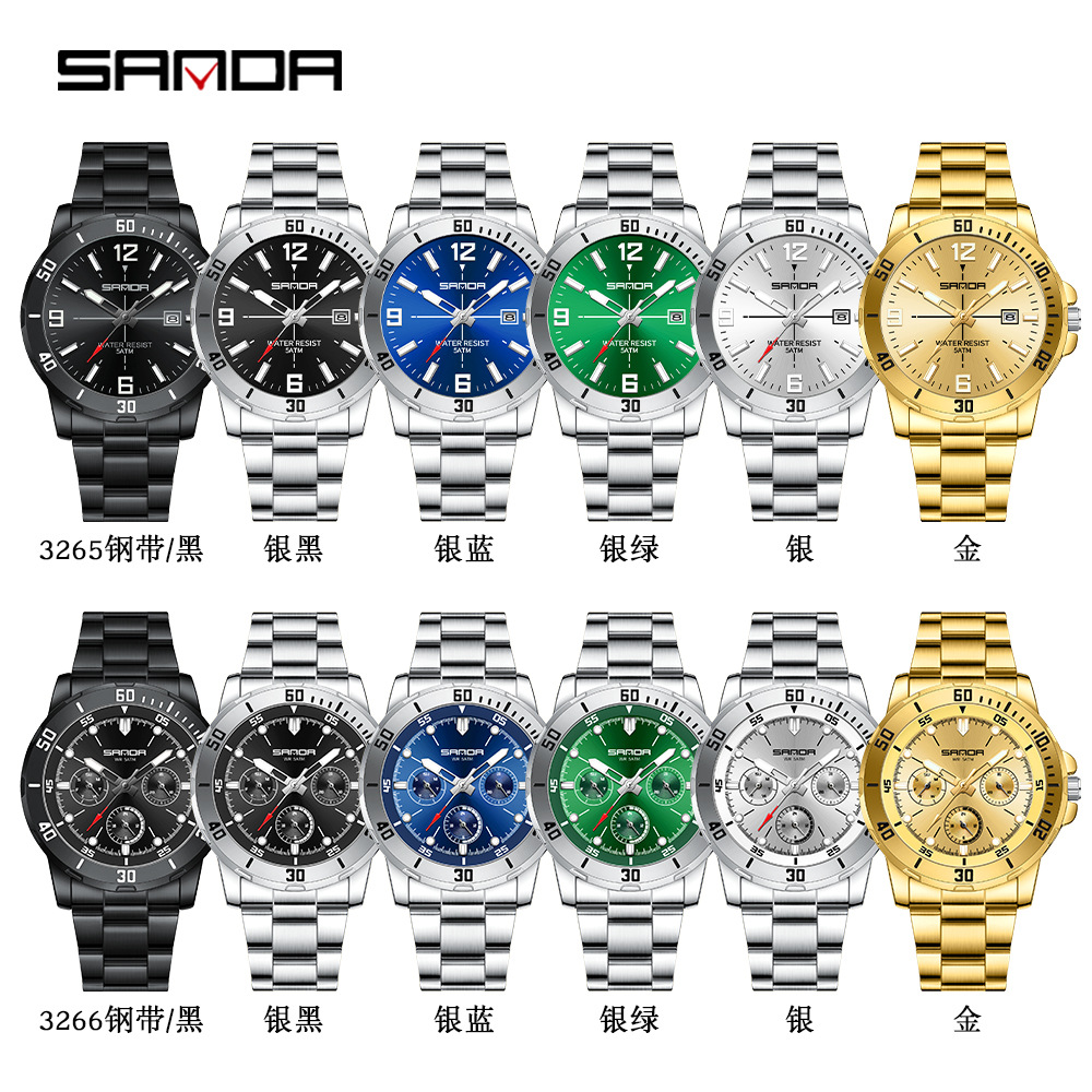 SANDA comercio exterior piel de camarón venta caliente reloj hombre de alta gama impermeable multifunción cronógrafo negocio acero con reloj de cuarzo para hombre