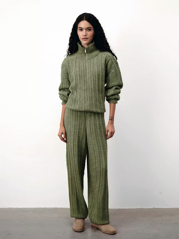 Bộ hai món nữ áo len cardigan cổ bẻ khóa kéo phối quần dài ống đứng, form rộng — Bộ hai mảnh áo len màu hồng, Bộ hai mảnh áo len màu sô cô la, Bộ hai mảnh áo len màu xanh ô liu, Bộ hai mảnh áo len màu xám chi tiết 20