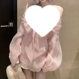 2026新款雪纺衫纯欲风一字肩上衣女宽松遮肉显瘦温柔甜美蝴蝶结