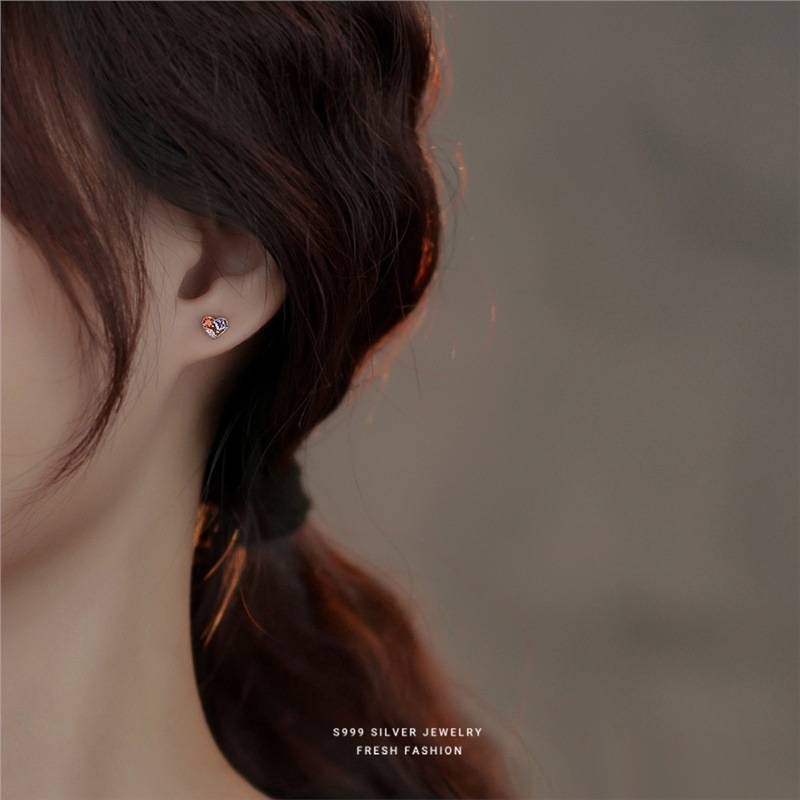 S999 Silver Zircon Heart Stud Earrings Simple Sweet Versatile_voghion.com