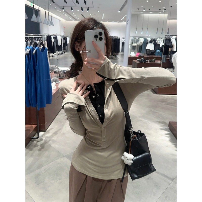 黑色假两件长袖T恤女早春设计感小众修身打底衫别致chic上衣|undefined