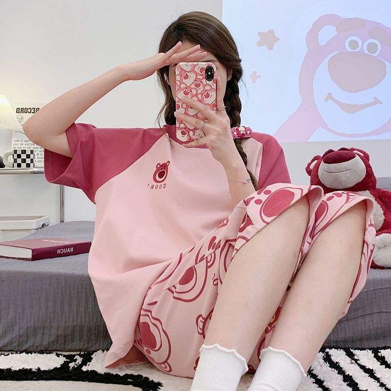 Pijamas con cojín de pecho para mujeres de verano nuevos pantalones de manga corta set de dibujos animados lindos de verano delgada ropa de hogar de tamaño grande
