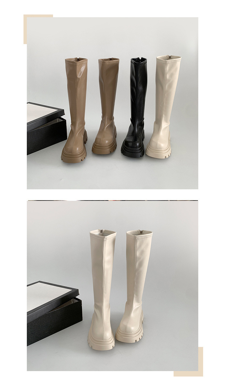 Bottes hautes noires polyvalentes à semelle épaisse, montantes, pour femmes, collection été 2025, style allongeant la silhouette, idéales pour l'équitation._voghion.com