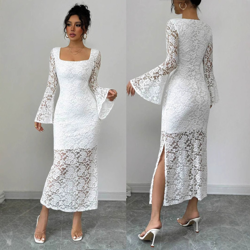 SHEIN Foreign Trade New European and American Cross-border Independent Station AliExpress New Lace Horn Sleeve Slim-fit Split Clothes