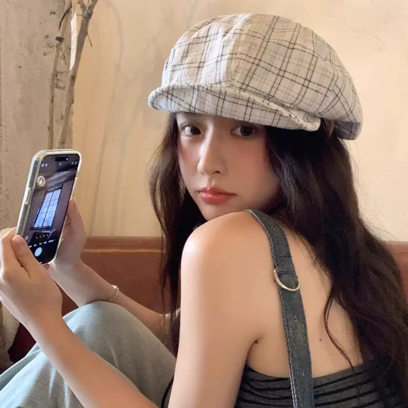 复古格子贝雷帽女春夏新款森系韩版百搭显脸小八角帽大头围画家帽