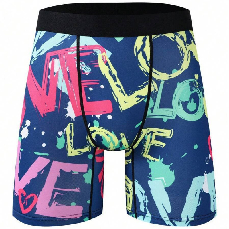 Men's Milk Silk Skin-friendly Slim-fit Breathable Long Flat Panties Romantic LOVE Colorful Slogan 3D Digital Printing