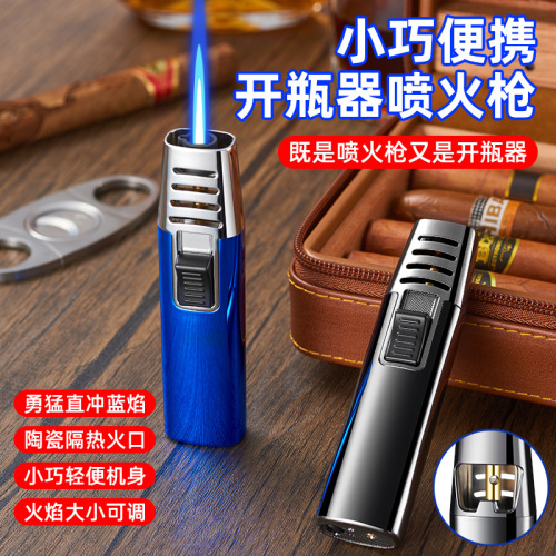 New direct blue flame spray gun metal body lighter compact cycle gas ignition bottle opening dual-use wholesale cross