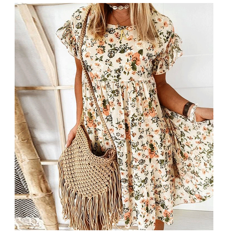 printed round neck short sleeve big swing loose dress NSAXE53389