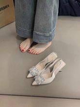 黑色高跟单鞋水钻包头凉鞋女2025春夏季新款浅口细跟配裙子高跟鞋