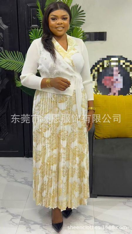 Miayki三宅烫金羽毛钉珠西装领褶皱系带大码连衣裙女装跨境新dres|undefined