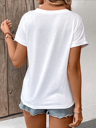 Cross-border European and American women's upper garment V-neck short-sleeve AliExpress Amazon solid color elegant solid color V-neck T-shirt white polyester