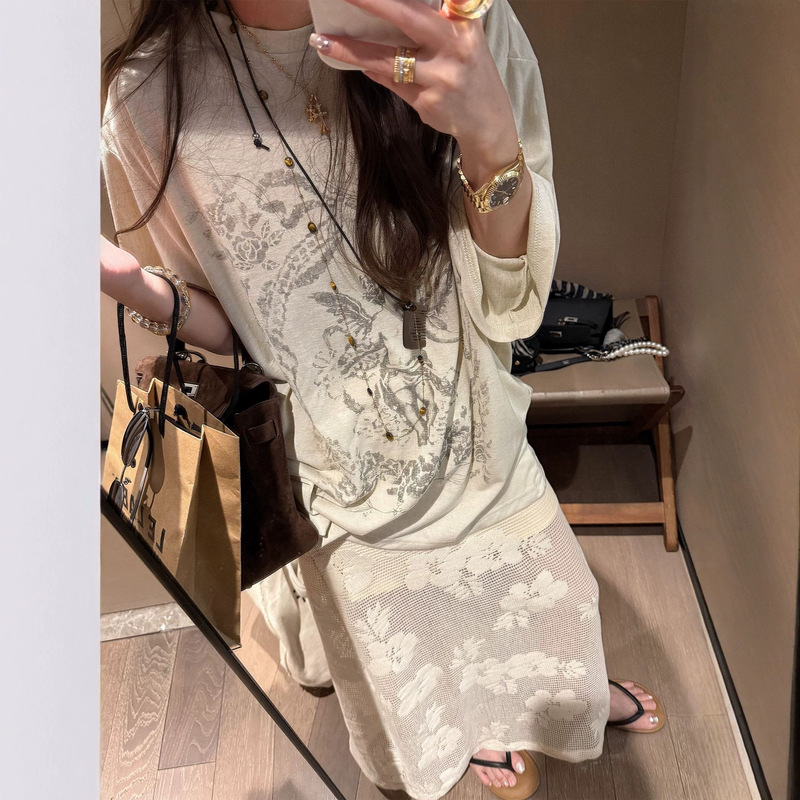 Linen Loose T-Shirt for Women 2026 Summer New Style American Retro Printed Short-Sleeved Loose Casual Top