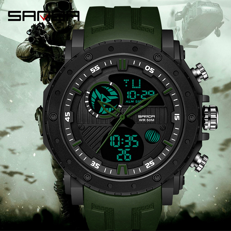 Sanda Moda marca deportes reloj de los hombres multi-funcional fresco doble pantalla al aire libre impermeable luminoso reloj electrónico