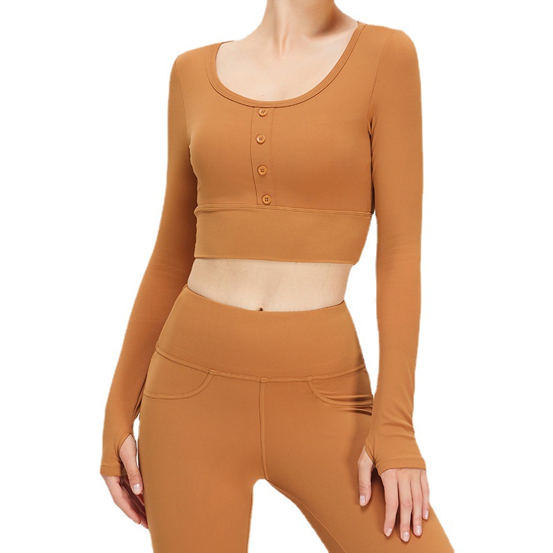Nueva ropa de yoga desnuda de manga larga almohadilla en el pecho de las mujeres U-Collar Amortiguador de deportes apretados Top running ropa de entrenamiento de desgaste exterior