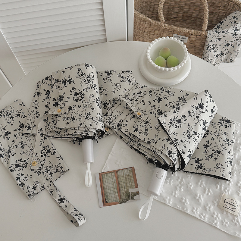 外贸碎花自动晴雨两用太阳伞女三折黑胶遮阳防晒防紫外线晴雨伞