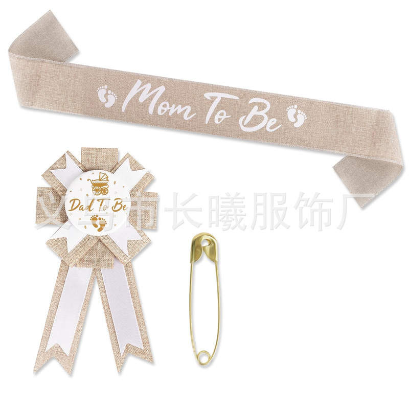 New "Mom to Be" "Dad to Be" Light Brown Linen Shoulder Strap Badge Set Baby Welcome Supplies