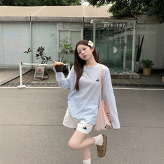 薄款卡通刺绣条纹长袖罩衫T恤女装秋季设计感中长款宽松防晒上衣