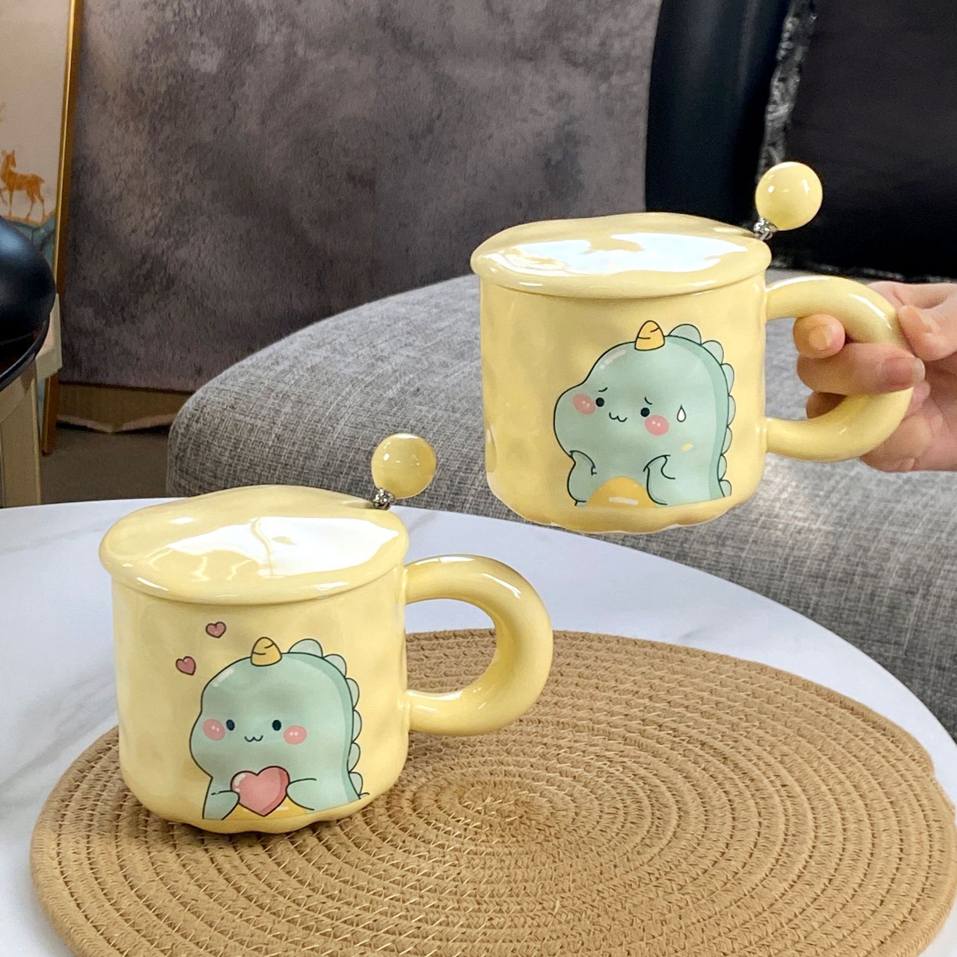 Cute Fufu Dinosaur Ceramic Mug for Girls, with Lid and Spoon, Office Couple Coffee Cup, Breakfast Cup