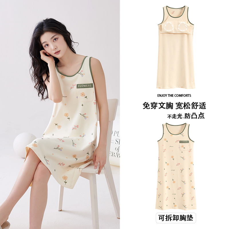 Vestido de chaleco de algodón de verano para mujer con almohadilla en el pecho sin mangas de algodón de dibujos animados de longitud media vestido homewear Pijamas