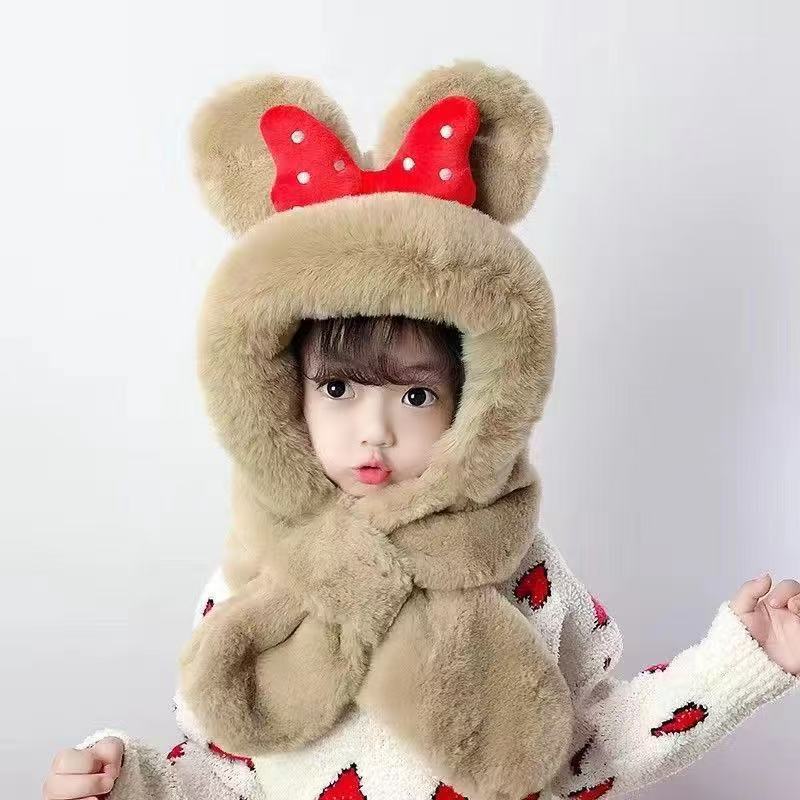 儿童毛绒帽子冬季围巾一体帽加绒卡通两件套可爱宝宝男女童护耳帽|undefined