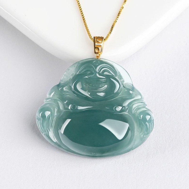 Mặt dây chuyền ngọc bích tự nhiên A hàng Phật Di Lặc dát vàng 18K cho nữ chi tiết 5